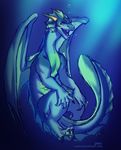  anthro dragon fangs horn hybrid looking_at_viewer lukiri male marine open_mouth simple_background smile solo teeth tongue underwater water wings 