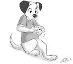 101_dalmatians 3_toes 4_fingers anthro anthrofied betsy canine clothing cute dalmatian disney dog earbuds fur headphones ipod lucky_(101_dalmatians) male mammal shirt sitting solo toes 