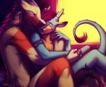  anthro antlers cervine deer dragon duo eyes_closed horn hybrid lukiri male mammal nude sergal sitting smile spiked_tail 