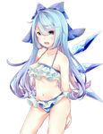  1girl alternate_hair_length alternate_hairstyle arms_behind_back bikini blue_bikini blue_bow blue_eyes blue_hair blush body_blush bow breasts cinderella_bust cirno collarbone frilled_bikini frills hair_between_eyes hair_bow halter_top halterneck highres ice ice_wings long_hair looking_at_viewer navel open_mouth simple_background small_breasts solo standing swimsuit teeth touhou underboob white_background wings yilocity 