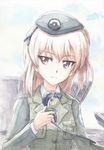  backlighting beret blonde_hair brown_eyes emblem frown girls_und_panzer graphite_(medium) ground_vehicle hat hatch holding japanese_tankery_league_(emblem) long_hair microphone military military_uniform military_vehicle motor_vehicle muted_color necktie omachi_(slabco) selection_university_(emblem) selection_university_military_uniform serious shimada_arisu solo tank traditional_media uniform uniform_vest upper_body watercolor_(medium) 