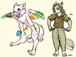  anthro avian beak canine clothed clothing duo ear_piercing feathered_wings feathers female gryphon looking_at_viewer lukiri male mammal nude open_mouth piercing simple_background smile standing white_background wings 