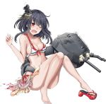  bare_shoulders barefoot bikini black_hair breasts broken collarbone full_body geta hair_ornament headgear kantai_collection knees_together_feet_apart lowres machinery medium_breasts official_art one_eye_closed open_mouth red_eyes red_footwear rikka_(rikka331) shoes short_hair single_shoe sitting solo swimsuit torn_clothes transparent_background turret yamashiro_(kantai_collection) 