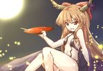  alcohol bare_legs bare_shoulders bow breasts cosplay cup fate/grand_order fate_(series) full_moon hair_bow holding horn_ornament horn_ribbon horns ibuki_suika japanese_clothes kimono knees_up long_hair looking_at_viewer moon off_shoulder oni oni_horns open_clothes open_kimono orange_eyes orange_hair purple_ribbon red_bow revealing_clothes ribbon sakazuki sake shuten_douji_(fate/grand_order) shuten_douji_(fate/grand_order)_(cosplay) sitting small_breasts solo touhou very_long_hair wo_jianqiang_fu_guo 