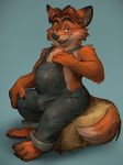  2016 anthro blue_eyes brown_hair bulge canine clothed clothing disney fox gideon_grey hair hay looking_at_viewer male mammal overalls sitting solo tacklebox zootopia 