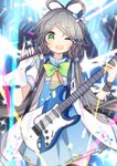  ;d blue_dress blurry blush braid chain depth_of_field detached_collar dress electric_guitar fuuko_(2679566944) gloves green_eyes grey_hair guitar head_tilt holding holding_microphone instrument long_hair looking_at_viewer low_twintails luo_tianyi microphone one_eye_closed open_mouth pinky_out ribbon ribbon-trimmed_dress short_sleeves smile solo sparkle stratocaster twintails very_long_hair vocaloid vocanese white_gloves yellow_ribbon 
