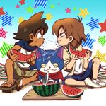  anger_vein blue_background brown_hair cat eating food fruit fumiaki_(youkai_watch) fuyunyan geta keizou knife multiple_boys nekomata scarf seed shirataki shorts spiked_hair spitting star tan tank_top watermelon watermelon_seeds youkai_watch youkai_watch_2 