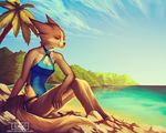  anthro beach clothing cloud feline female half-closed_eyes lukiri mammal outside palm_tree seaside sitting smile solo swimsuit tree 