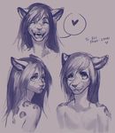  &lt;3 anthro ear_piercing facial_piercing fangs feline female lip_piercing looking_at_viewer lukiri mammal monochrome multiple_images nude open_mouth piercing simple_background smile solo teeth tongue 