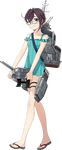  ahoge bare_shoulders blue-framed_eyewear brown_hair fujikawa full_body glasses green_eyes gun holding holding_gun holding_weapon kantai_collection looking_at_viewer machinery multicolored_hair official_art okinami_(kantai_collection) pink_hair sandals short_hair smile solo swimsuit transparent_background turret weapon 