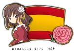  1girl brown_eyes brown_hair flag flower hair_ornament murakami_senami spain spanish_flag translation_request 