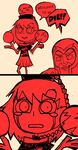  1girl 2koma close-up clothes_writing comic crying crying_with_eyes_open english grin hat hecatia_lapislazuli helmet limited_palette magneto off_shoulder setz shirt sketch skirt smile t-shirt tears touhou x-men 