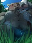  abs anthro bear blush bulge canine clothing colored male male/male mammal mohumohuotou muscular outside pecs simple_background speedo swimsuit 