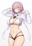  1girl arms_up bikini blush breasts cleavage closed_mouth cropped_jacket evan_yang fate/grand_order fate_(series) glasses hair_over_one_eye highres hips jacket lavender_hair looking_at_viewer mash_kyrielight navel purple_eyes short_hair shrug_(clothing) simple_background smile solo swimsuit thighs white_background white_bikini white_jacket 