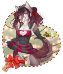  2018 anthro band-aid band-aids bandage canine christmas clothed clothing digital_media_(artwork) female harecandy hiding_pussy holidays looking_at_viewer mammal simple_background smile solo standing 
