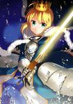  ahoge armor armored_dress artoria_pendragon_(all) bad_id bad_pixiv_id blonde_hair blue_cape cape crown excalibur fate/grand_order fate_(series) gauntlets glowing glowing_sword glowing_weapon green_eyes highres ichiren_namiro long_hair saber solo water weapon 