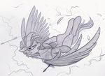  arrow bared_teeth equine falling fan_character feathered_wings feathers female feral fur greyscale hair hooves horse mammal monochrome my_little_pony outside pegasus pony sketch sky solo wings yakovlev-vad 