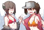  :d bikini blush breasts brown_hair highres jacket kantai_collection looking_at_viewer multiple_girls navel off_shoulder open_mouth orange_background red_bikini ryuujou_(kantai_collection) shikigami small_breasts smile swimsuit taihou_(kantai_collection) twintails visor_cap wulazula yellow_eyes 