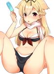  :p adapted_costume bare_arms bare_legs bare_shoulders black_panties black_ribbon blonde_hair body_blush braid breasts cleavage collarbone dripping food french_braid hair_flaps hair_ornament hair_ribbon hairclip holding holding_food ice_cream ichihaya kantai_collection long_hair looking_at_viewer medium_breasts melting microskirt panties pantyshot pantyshot_(sitting) pleated_skirt popsicle red_eyes red_ribbon remodel_(kantai_collection) ribbon scarf simple_background sitting skirt solo spread_legs tareme tongue tongue_out underwear upskirt white_background white_scarf yuudachi_(kantai_collection) 