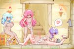  3girls annoyed aoihitsuji bandaged_arm bandaged_head bandaged_leg bandages barefoot blue_hair blush breasts brown_eyes chain commentary_request cowgirl_position cuffs dark_skin drinking drinking_straw dungeon femdom girl_on_top grey_hair hands_on_another's_cheeks hands_on_another's_face heart hetero indoors large_breasts long_hair lying medium_breasts multiple_girls mummy naked_bandage nude on_back original pink_hair purple_hair rape red_eyes sex shackles short_hair sitting spoken_heart stairs straddling sweat thick_eyebrows torch 