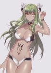  absurdres arm_at_side arm_up armpits bare_shoulders bikini breasts brooch cleavage closed_mouth cowboy_shot dark_skin elf gem green_hair grey_background hair_ribbon halter_top halterneck heart highres jewelry large_breasts legs_together long_hair maruchi navel original pointy_ears ribbon ruby_(stone) simple_background smile solo standing swimsuit tattoo very_long_hair white_bikini white_ribbon yellow_eyes 