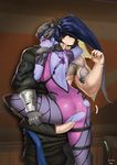  1boy 1girl abbb anus black_hair blue_hair blue_skin blush bodysuit brown_eyes character_request clothed_sex crotch_cutout ear_studs leg_hold leg_wrap long_hair overwatch penis ponytail pussy sex spiked_hair tattoo torn_clothes uncensored vaginal veiny_penis widowmaker_(overwatch) yellow_eyes 