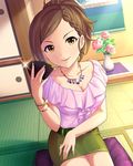  artist_request belt braid breasts brown_eyes brown_hair card cleavage green_skirt hanafuda holding holding_card hyoudou_rena idolmaster idolmaster_cinderella_girls jewelry medium_breasts nail_polish necklace official_art ponytail short_hair skirt smile solo sparkle 