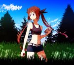  bad_id bad_pixiv_id belt brown_hair cellphone cloud compass crop_top day denim denim_shorts grass highres holding long_hair midriff nature navel outdoors peco_poco_peco phone poke_ball pokemon pokemon_go purple_eyes ribbon short_shorts shorts sky smartphone solo tank_top tree twintails 