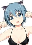  animal_ears bikini_top blue_eyes blue_hair blush breasts cat_ears cleavage collarbone covered_nipples fang front-tie_top inou_eita kemonomimi_mode looking_at_viewer mahou_shoujo_madoka_magica medium_breasts miki_sayaka open_mouth paw_pose short_hair simple_background solo upper_body white_background 