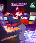  2016 anthro arcade big_breasts black_nose breasts canine cleavage clothed clothing eating english_text fangs female food fox fur goblinhordestudios green_eyes hair hi_res inside long_hair mammal nails pants pizza playing red_fur red_hair screen shirt solo teeth text thick_thighs white_fur wide_hips 