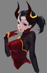  alternate_costume black_hair bodysuit breasts dark_persona demon_horns devil_mercy earrings ears facial_mark forehead_mark gloves grey_background highres horns jewelry looking_at_viewer looking_to_the_side medium_breasts mercy_(overwatch) muta_(csw) no_wings overwatch parted_lips ponytail red_eyes simple_background slit_pupils solo upper_body 