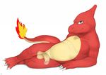  anthro anthrofied athletic balls barefoot charmeleon crossed_legs fire half-erect humanoid_penis leaning_on_elbow looking_at_viewer lying male nintendo nude on_side penis pinup pok&eacute;mon pose retracted_foreskin scalie seductive seyrmo slightly_chubby solo uncut video_games 