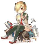  2girls :t alcohol annoyed armband banana bangs beer beer_mug black_legwear blonde_hair blush bottomless broken brown_hair brown_hat closed_mouth commentary_request cup dated dress food fruit full_body graf_spee_(zhan_jian_shao_nyu) hair_ornament hair_over_one_eye hairclip hat headgear high_heels holding holding_cup lino-lin long_sleeves looking_at_viewer lying machinery marshmallow multiple_girls no_pants on_stomach pout sailor sailor_dress shirt short_hair sitting sitting_on_person skewer sukhbaatar_(zhan_jian_shao_nyu) swept_bangs thighhighs unfinished white_background white_shirt zhan_jian_shao_nyu 