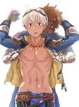  2boys @@@ armor bad_id bad_pixiv_id blush brown_eyes brown_hair dark_skin dark_skinned_male fighter_(granblue_fantasy) gauntlets goggles goggles_on_head gran_(granblue_fantasy) granblue_fantasy grey_eyes jewelry joel_(granblue_fantasy) male_focus multiple_boys navel necklace open_clothes open_mouth open_shirt shaded_face shirt sweat white_hair yaoi 