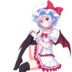  bat_wings black_legwear blue_hair blush bow frills hat junior27016 looking_at_viewer miniskirt mob_cap pointy_ears puffy_sleeves red_eyes remilia_scarlet ribbon short_hair short_sleeves simple_background skirt skirt_set solo thighhighs thighs touhou white_background wings wrist_cuffs zettai_ryouiki 