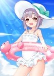  :3 bear blush_stickers brown_eyes casual_one-piece_swimsuit frilled_swimsuit frills hair_ornament hairclip hat hat_ribbon highres idolmaster idolmaster_cinderella_girls innertube koshimizu_sachiko lavender_hair lens_flare looking_at_viewer one-piece_swimsuit open_mouth ribbon short_hair solo sun_hat swimsuit yoiyami_mutsuki 