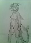  2016 anthro breasts ear_piercing female fish hair invalid_tag lying marine navel navel_piercing piercing pussy redmiles_the_shark shark solo standing 