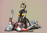  1boy 1girl artist_request defeated girl_on_top helmet looking_down lying mask monster_girl silver_hair simple_background sitting sitting_on_person straddling suit ultra_series ultraman visor yellow_eyes zetton 
