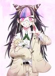  :t bad_id bad_pixiv_id beige_pants belt bespectacled black_hair blazer blonde_hair blush character_doll closed_mouth collared_shirt cosplay danganronpa dress_shirt glasses green_neckwear green_ribbon grin jacket jewelry long_hair long_sleeves looking_at_viewer mioda_ibuki multicolored_hair neck_ribbon off_shoulder open_blazer open_clothes open_jacket pink_eyes pink_hair purple_hair ribbon ring semi-rimless_eyewear shimada_(dmisx) shirt short_hair sleeves_past_wrists smile spikes super_danganronpa_2 togami_byakuya togami_byakuya_(cosplay) togami_byakuya_(super_danganronpa_2) under-rim_eyewear v-shaped_eyebrows very_long_hair wing_collar 