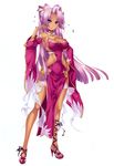  absurdres bare_shoulders blue_eyes breasts cleavage cleavage_cutout dark_skin detached_sleeves dress full_body hair_ornament hand_on_hip highres hikage_eiji jewelry koihime_musou large_breasts long_hair looking_at_viewer mole mole_under_mouth necklace non-web_source pelvic_curtain pink_hair ponytail revealing_clothes shoes side_slit smile solo sonsaku very_long_hair white_background 