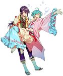  :d :| ahoge aqua_hair bangs barefoot blush bubble bubble_blowing carrying closed_mouth cosplay crossdressing earrings ensemble_stars! frilled_kimono frilled_sleeves frills hair_between_eyes japanese_clothes jewelry kanzaki_souma kimono layered_clothing long_hair long_sleeves looking_at_another looking_at_viewer male_focus multiple_boys no_socks open_mouth otohime otohime_(cosplay) outstretched_arm ponytail princess_carry purple_hair sandals sash seigaiha shinkai_kanata sidelocks simple_background smile sweatdrop swept_bangs tubuan_oisii urashima_tarou urashima_tarou_(cosplay) white_background wide_sleeves yellow_eyes 