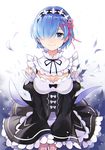  apring bad_id bad_pixiv_id banned_artist blue_eyes blue_hair blush breasts cleavage cleavage_cutout detached_collar detached_sleeves dress frills hair_ornament hair_over_one_eye looking_at_viewer maid maid_headdress medium_breasts petals puffy_sleeves re:zero_kara_hajimeru_isekai_seikatsu rem_(re:zero) ribbon short_hair smile solo x_hair_ornament 