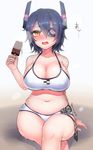  bikini breasts checkered checkered_neckwear doyouwantto eyepatch fang food headgear hot kantai_collection large_breasts navel necktie open_mouth plump popsicle purple_hair short_hair solo sweat swimsuit tenryuu_(kantai_collection) wavy_mouth white_bikini yellow_eyes 