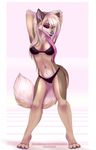  2016 4_toes anthro armpits bra breasts brown_fur canine chest_tuft clothing ear_piercing eyelashes eyes_closed eyeshadow female fluffy fluffy_tail fur gradiewoof grey_nose hair hands_behind_head hi_res inner_ear_fluff invalid_tag ita long_hair makeup mammal midriff navel piercing pink_hair simple_background slim solo standing tan_fur teeth toes tuft underwear white_background white_fur white_hair wide_hips wolf 