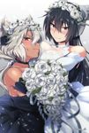  arms_around_waist asymmetrical_docking bangs black_dress black_hair black_wedding_dress blush bouquet breast_press breasts choker cleavage commentary dark_skin dress elbow_gloves eyewear_on_head flower glasses gloves hair_between_eyes hair_flaps hairband head_wreath headgear ikeshita_moyuko kantai_collection large_breasts long_hair looking_at_viewer multiple_girls musashi_(kantai_collection) nagato_(kantai_collection) nose_blush red_eyes sidelocks silver_hair sketch sleeveless sleeveless_dress smile strapless strapless_dress twitter_username wedding_dress white_background white_dress wife_and_wife yuri 