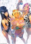  3girls beer bikini black_hair blonde_hair breasts cleavage collarbone female glass glasses hat large_breasts long_hair looking_at_viewer multiple_girls navel pink_hair red_eyes shatte_judevesten short_shorts shorts smile solo super_robot_wars super_robot_wars_the_lord_of_elemental super_robot_wars_x-omega swimsuit tan thighhighs twintails underboob wink 