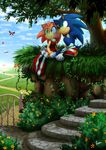  amy_rose anthro black_nose boots clothing cloud detailed_background dress duo female footwear gloves grass hedgehog male mammal myly14 plant signature sitting smile sonic_(series) sonic_the_hedgehog tree 
