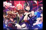  alcohol bare_shoulders bob_cut cup fate/grand_order fate_(series) gourd horns japanese_clothes kimono midriff moon navel oni oni_horns sakazuki sake short_eyebrows short_hair short_kimono shuten_douji_(fate/grand_order) smile solo yunohito 