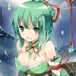  :d bare_shoulders bow breasts cleavage detached_sleeves dress emerald gem green_dress green_eyes green_hair hair_bow hair_ornament hair_stick hairclip hairpin large_breasts long_hair long_sleeves looking_at_viewer lowres open_mouth original red_ribbon refeia ribbon smile solo strapless strapless_dress tareme underbust upper_body 