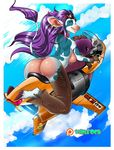  anthro big_breasts bovine breasts butt chaps clothed clothing ear_piercing eyewear facial_piercing female goggles hair hooves long_hair looking_back mammal nose_piercing nose_ring piercing purple_hair pussy topless xamrock 